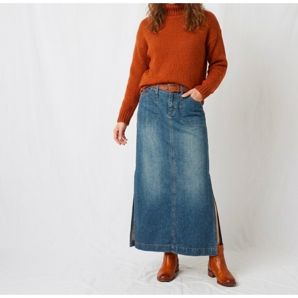Tommy Jeans Denim Maxi Skirt Size 7 Blue Vintage Side Slit 100% Cotton